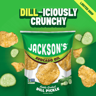 Dill-liciously Crunchy Dill Pickle Kettle Chips cooked in avocado oil. limited edition flavor