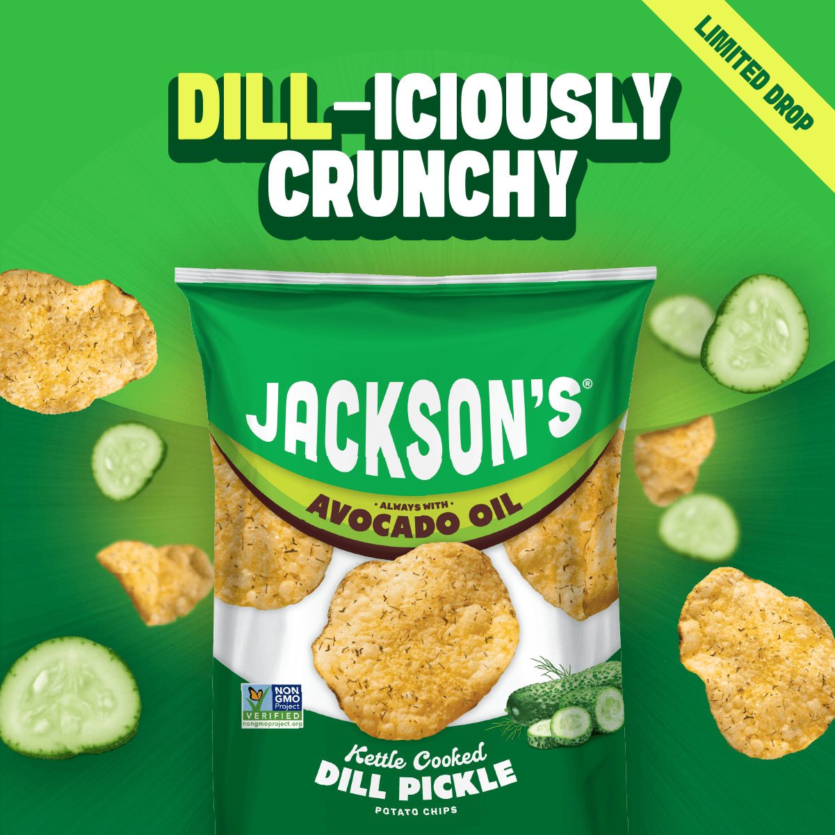 Dill-liciously Crunchy Dill Pickle Kettle Chips cooked in avocado oil. limited edition flavor