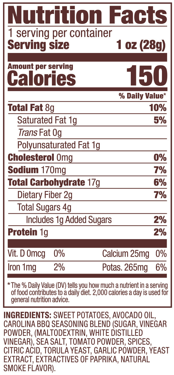 Carolina BBQ Jackson's sweet potato chips nutrition label