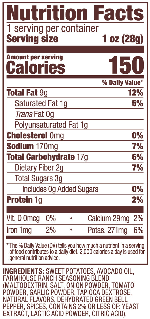 Farmhouse Ranch Jackson's sweet potato chips nutrition label