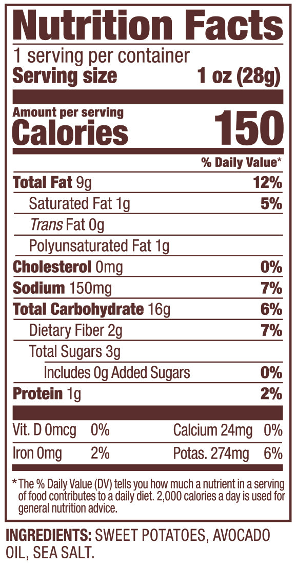 Sea Salt Jackson's sweet potato chips nutrition label