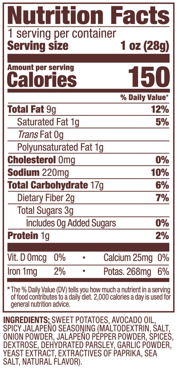 Spicy Jalapeno Jackson's sweet potato chips nutrition label