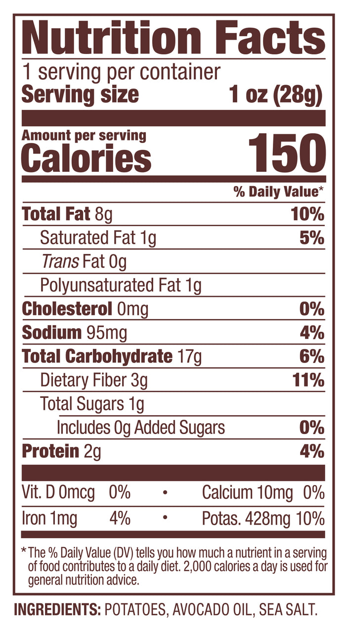 Classic Kettle Jackson's potato chips nutrition label