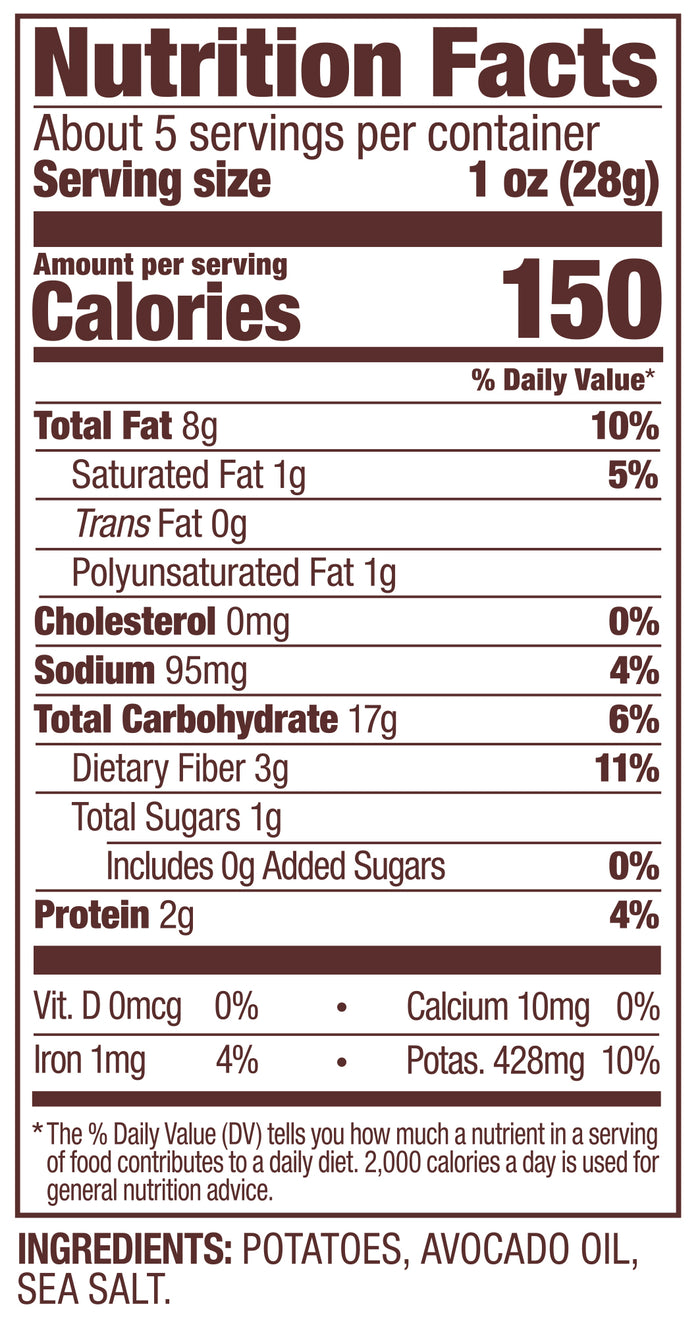 1oz Classic Jackson's kettle potato chips nutrition label