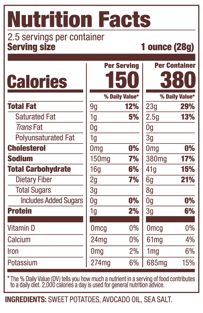 Sea Salt Jackson's Sweet Potato Chips nutrition label