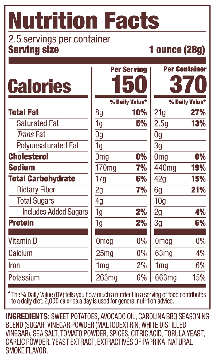 Carolina BBQ Jackson's Sweet Potato Chips nutrition label