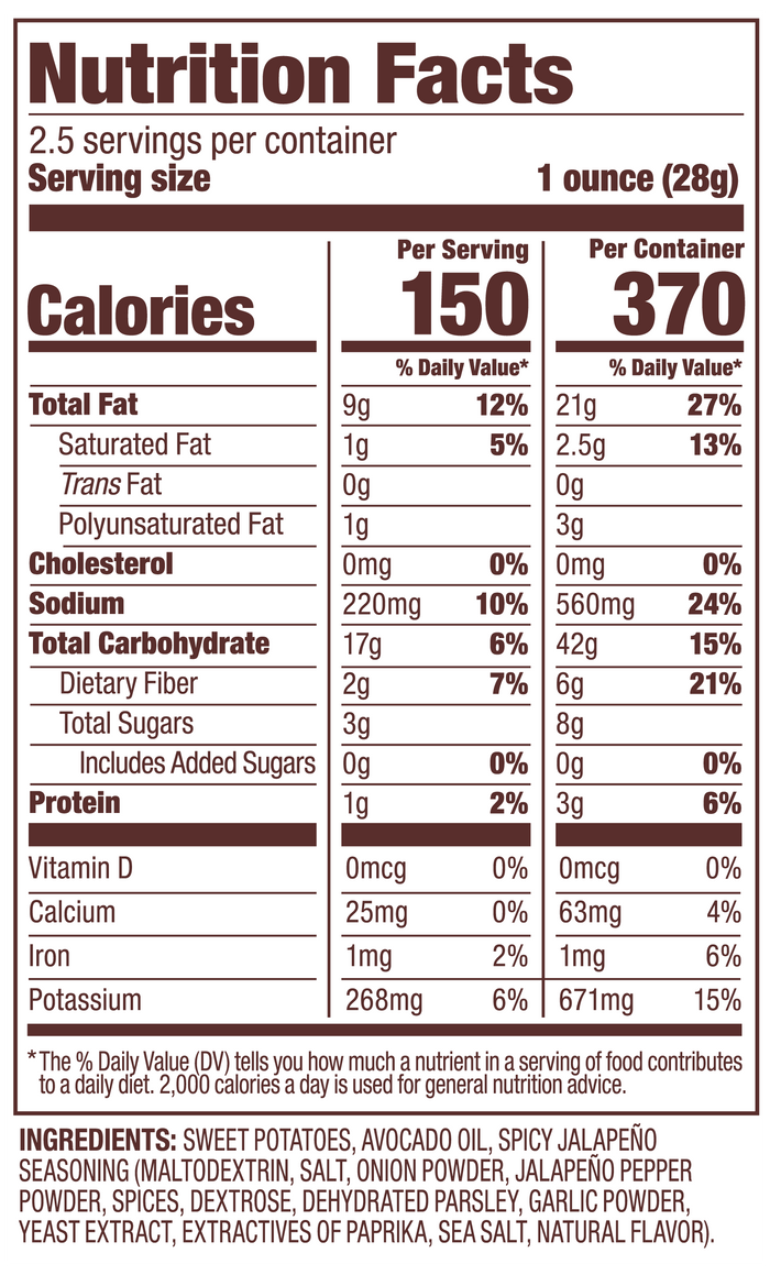 Spicy Jalapeno Wavy Jackson's Sweet Potato Chips nutrition label