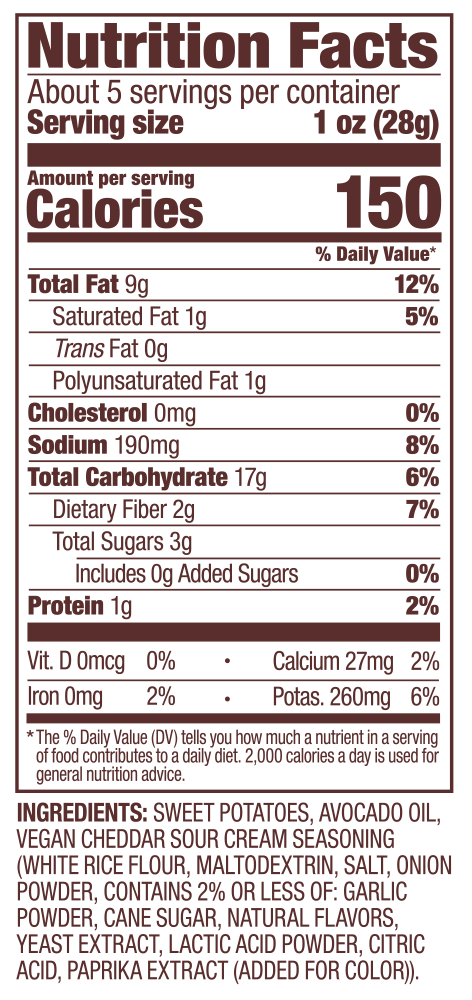 Sour Cream Cheddar Wavy Jackson's Sweet Potato Chips nutrition label