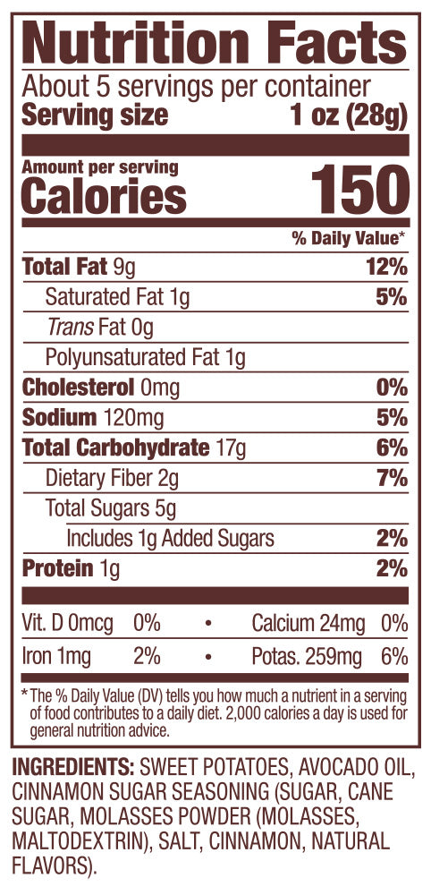 Jackson's Cinnamon Brown Sugar Sweet Potato Chips nutrition label