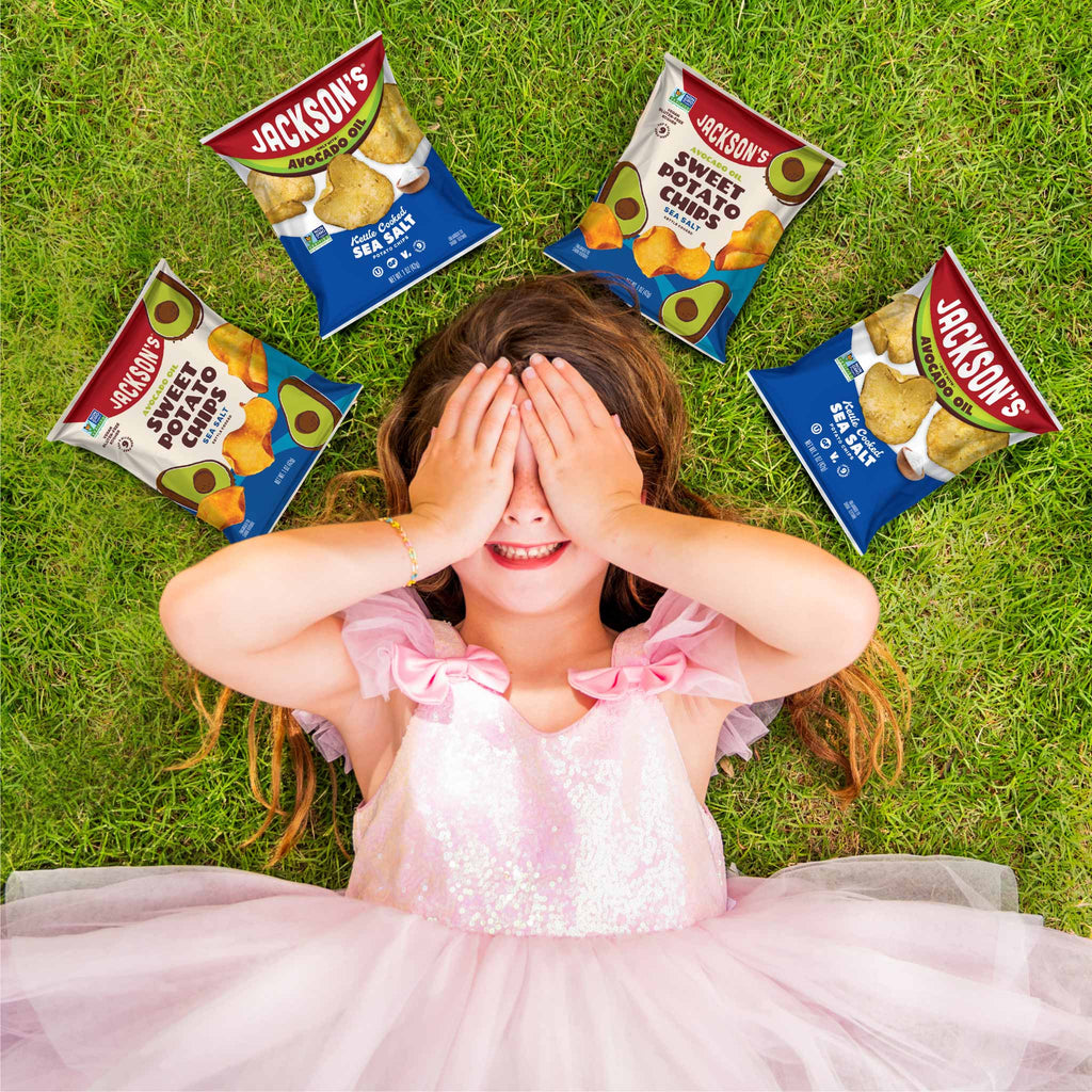 Jackson's Sea Salt Variety Pack of Sweet Potato Chips and Kettle Chips cooked in avocado oil. Kid sized snack bags.