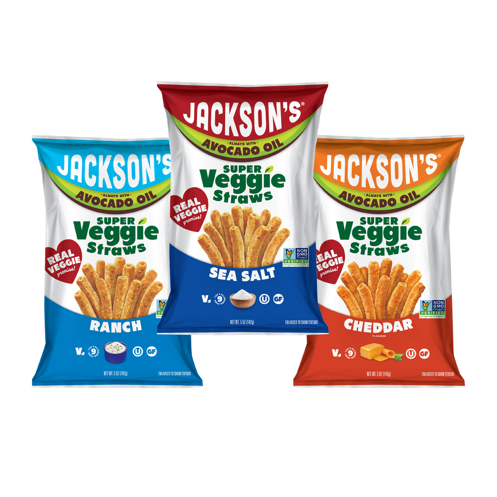 Jackson's Super Veggie Straws in Sea Salt, Ranch, and Cheddar flavors - allergen-free snacks cooked in premium avocado oil. Discover crunchy, better-for-you veggie straws perfect for all dietary needs.