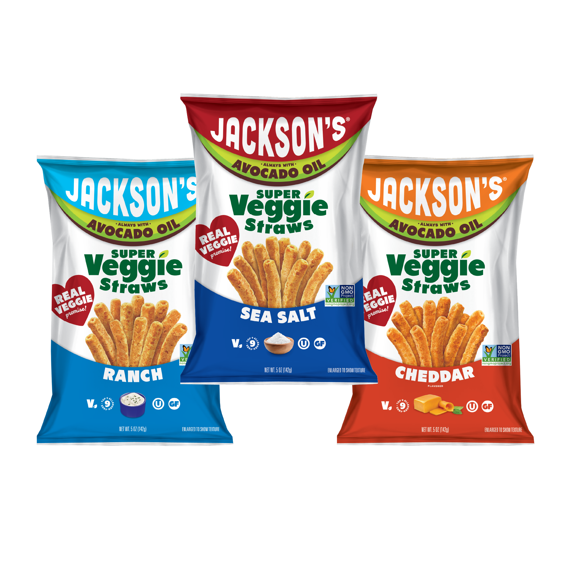 Jackson's Super Veggie Straws in Sea Salt, Ranch, and Cheddar flavors - allergen-free snacks cooked in premium avocado oil. Discover crunchy, better-for-you veggie straws perfect for all dietary needs.