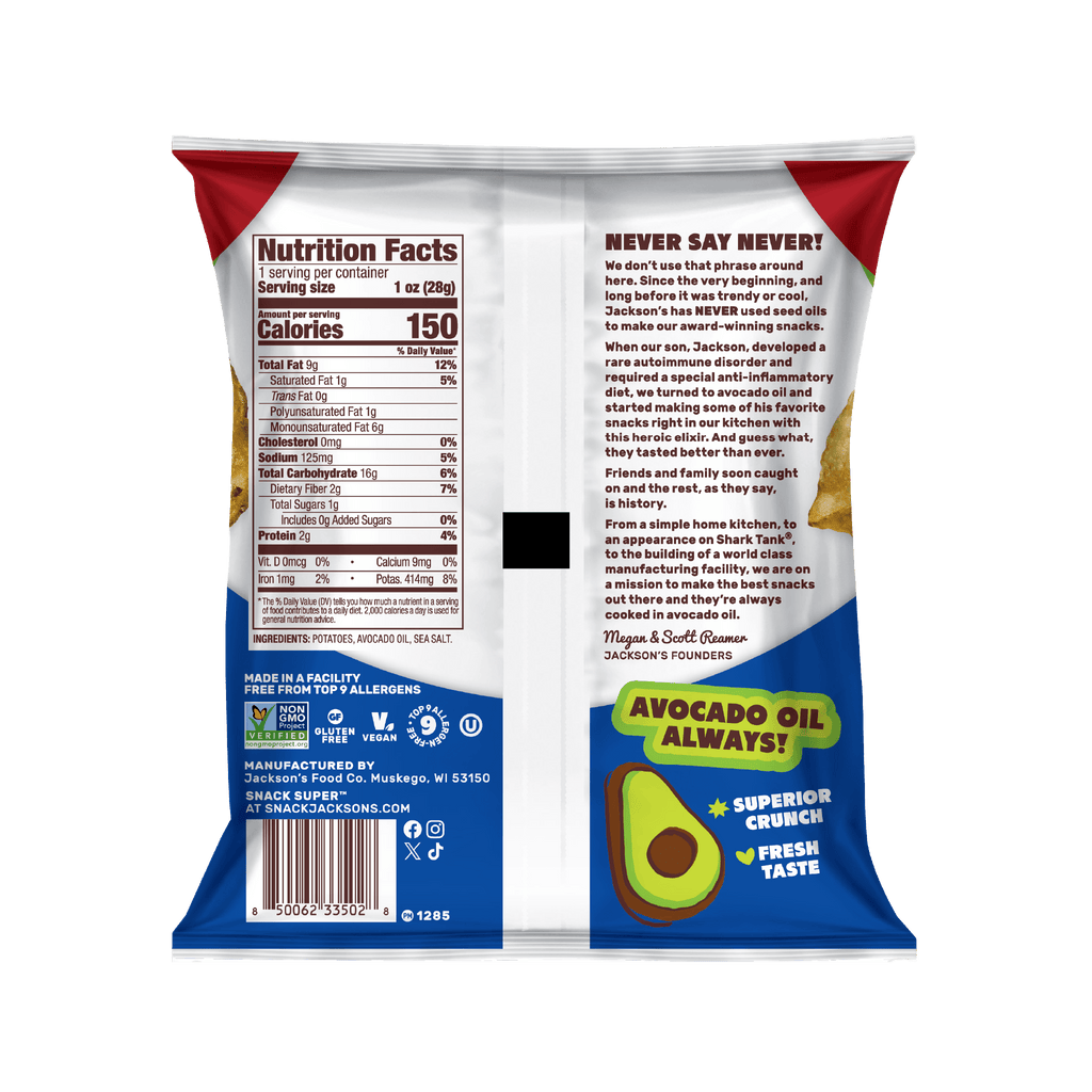 Nutrition label for Jackson's Classic Kettle Chips Sea Salt flavor for 1oz snack size bags, allergen free, vegan, gluten free, kosher, non-GMO potatoes, cooked in avocado oil 