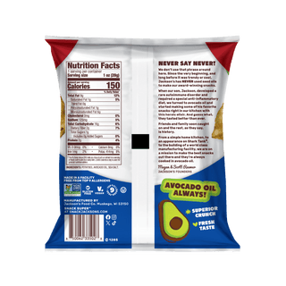 Nutrition label for Jackson's Classic Kettle Chips Sea Salt flavor for 1oz snack size bags, allergen free, vegan, gluten free, kosher, non-GMO potatoes, cooked in avocado oil 