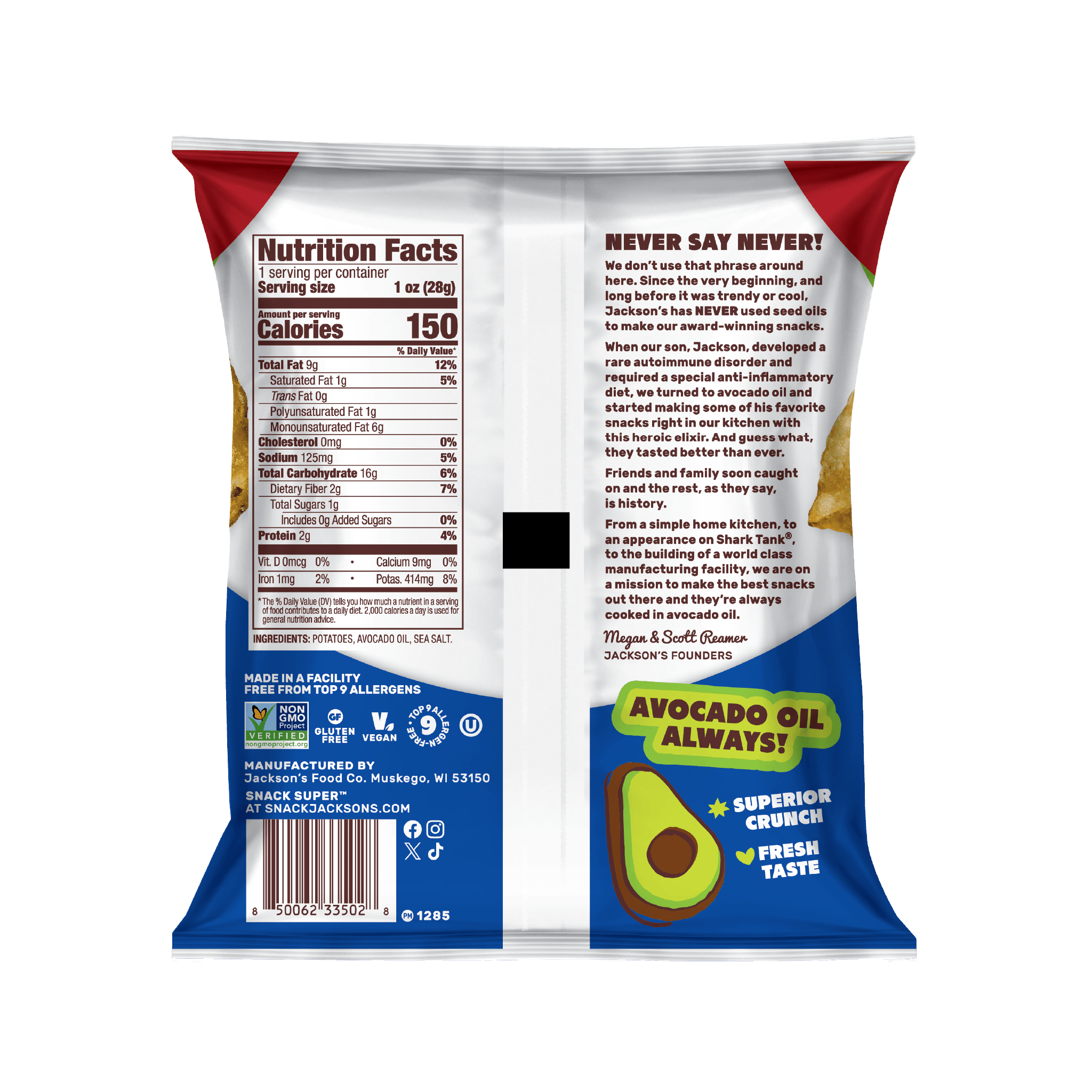 Nutrition label for Jackson's Classic Kettle Chips Sea Salt flavor for 1oz snack size bags, allergen free, vegan, gluten free, kosher, non-GMO potatoes, cooked in avocado oil 