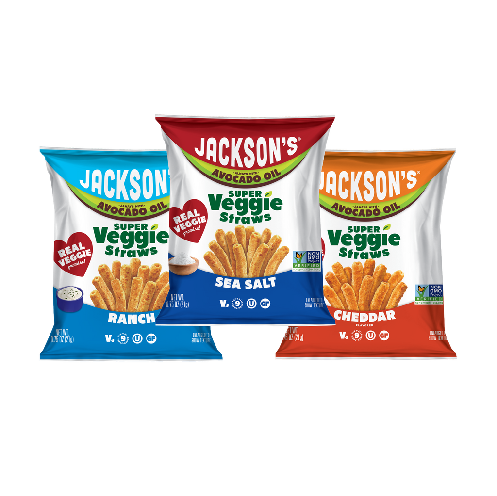 Jacksons Variety Pack Super Veggie Straws 0.75oz Snack Size Bags. Great for lunch boxes. Free of the top 9 allergens. On-the-go snacks.