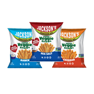 Jacksons Variety Pack Super Veggie Straws 0.75oz Snack Size Bags. Great for lunch boxes. Free of the top 9 allergens. On-the-go snacks.