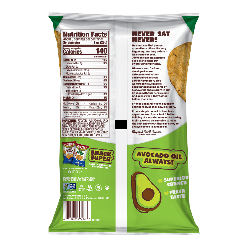 Back of bag of Jackson's Spicy Jalapeno Kettle Chips Cooked In Avocado Oil. Gluten Free, vegan, free from the top 9 allergens.