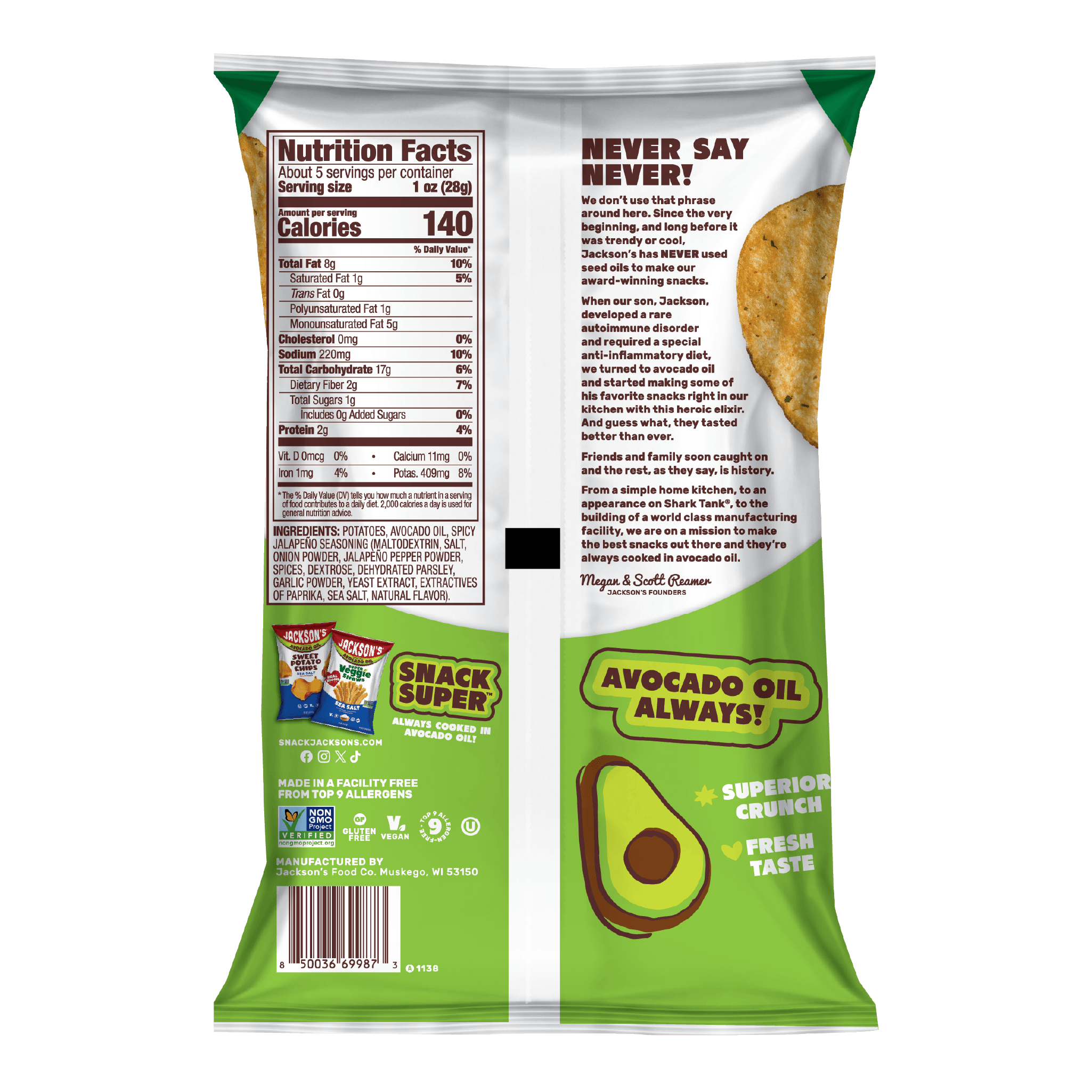 Back of bag of Jackson's Spicy Jalapeno Kettle Chips Cooked In Avocado Oil. Gluten Free, vegan, free from the top 9 allergens.
