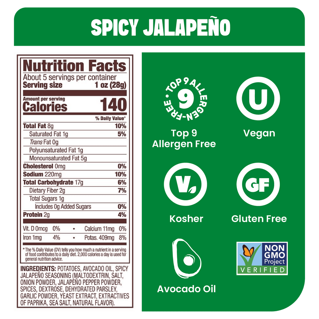 Jackson's Spicy Jalapeno Kettle Chips Cooked In Avocado Oil Nutrition Label. Gluten Free, vegan, free from the top 9 allergens.