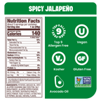 Jackson's Spicy Jalapeno Kettle Chips Cooked In Avocado Oil Nutrition Label. Gluten Free, vegan, free from the top 9 allergens.