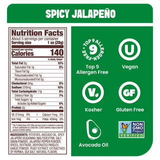 Jackson's Spicy Jalapeno Kettle Chips Cooked In Avocado Oil Nutrition Label. Gluten Free, vegan, free from the top 9 allergens.