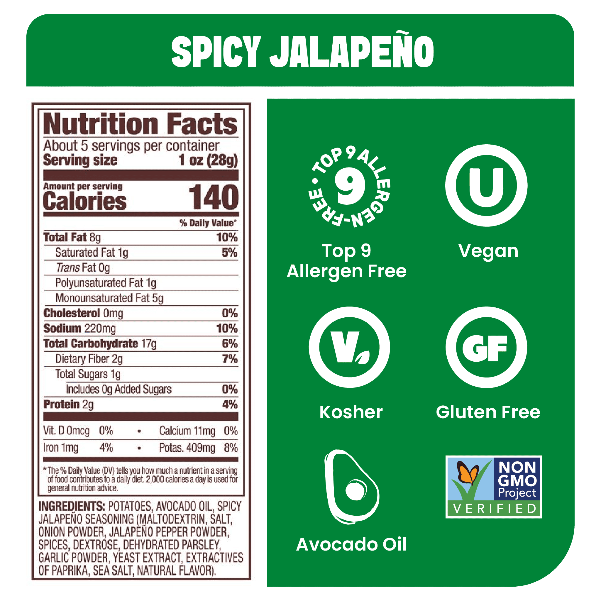 Jackson's Spicy Jalapeno Kettle Chips Cooked In Avocado Oil Nutrition Label. Gluten Free, vegan, free from the top 9 allergens.