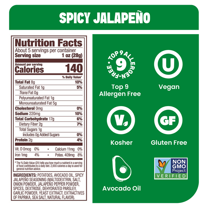 Jackson's Spicy Jalapeno Kettle Chips Cooked In Avocado Oil Nutrition Label. Gluten Free, vegan, free from the top 9 allergens.