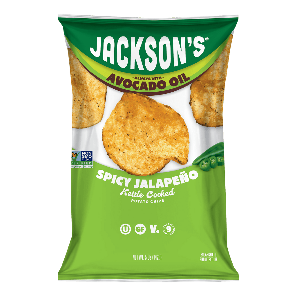 Jackson's Spicy Jalapeno Kettle Chips Cooked In Avocado Oil. Gluten Free, vegan, free from the top 9 allergens.