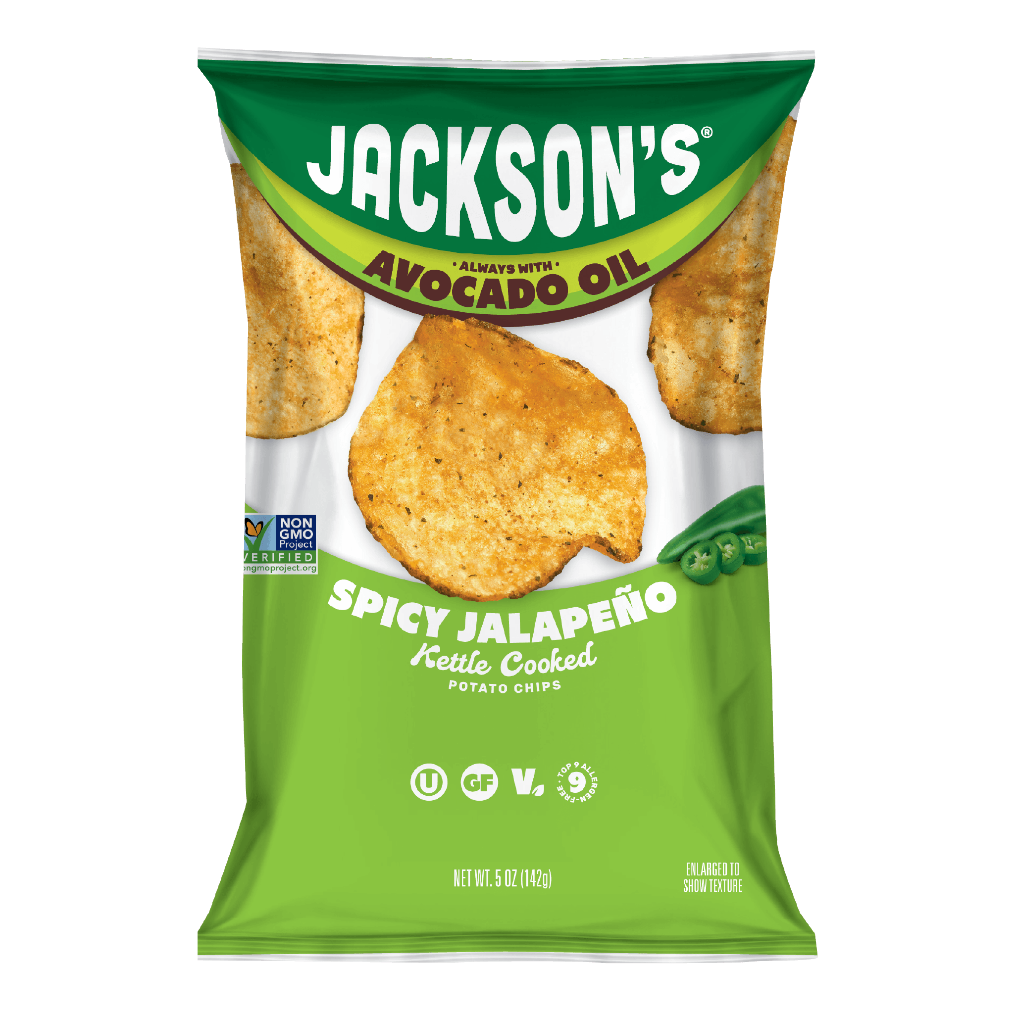 Jackson's Spicy Jalapeno Kettle Chips Cooked In Avocado Oil. Gluten Free, vegan, free from the top 9 allergens.