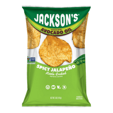 Load image into Gallery viewer, Jackson's Spicy Jalapeno Kettle Chips Cooked In Avocado Oil. Gluten Free, vegan, free from the top 9 allergens.
