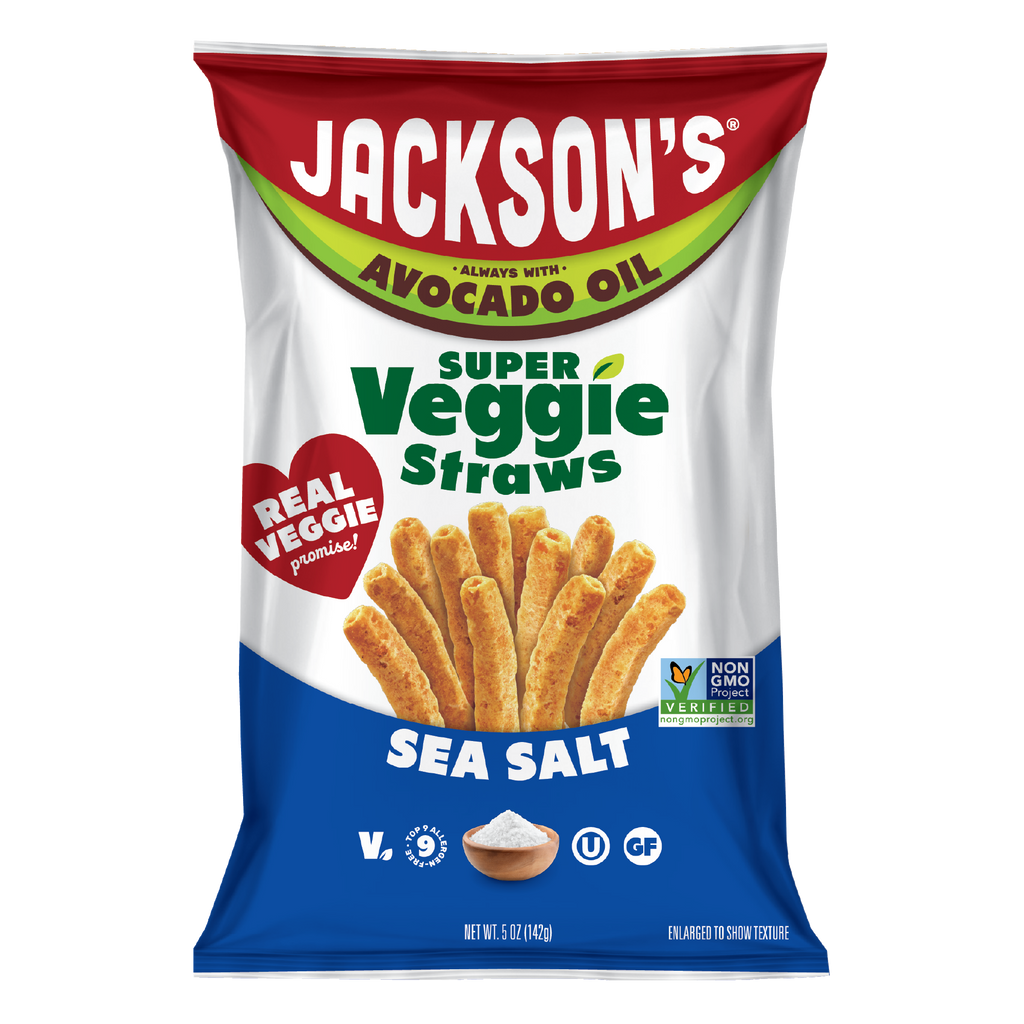 Jackson's Super Veggie Straws in Sea Salt flavor - premium snacks cooked in avocado oil with real veggies. Discover crispy, allergen-free veggie straws perfect for everyday snacking, kids snacks, and road trips.