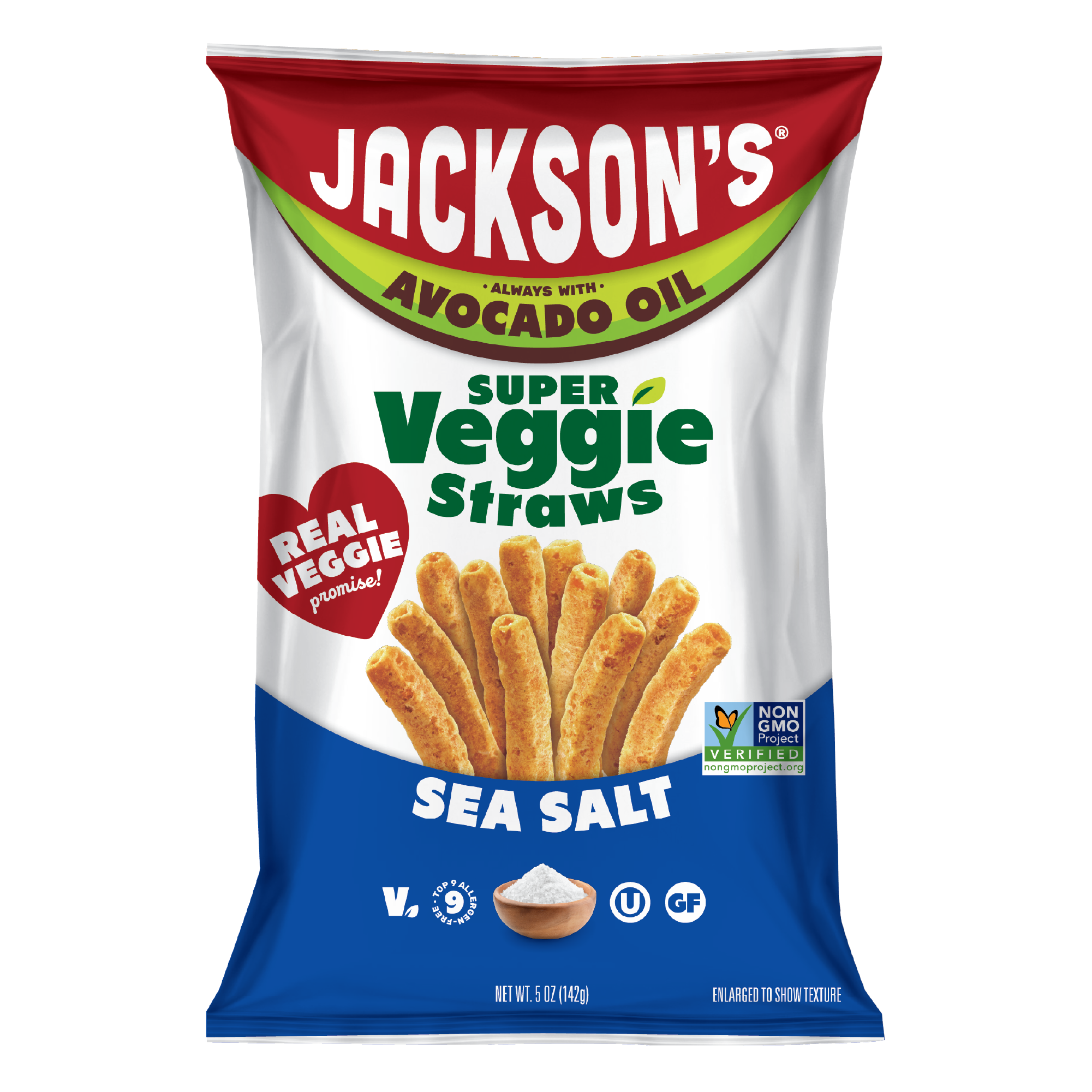 Jackson's Super Veggie Straws in Sea Salt flavor - premium snacks cooked in avocado oil with real veggies. Discover crispy, allergen-free veggie straws perfect for everyday snacking, kids snacks, and road trips.