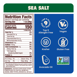 Jackson's Super Veggie Straws nutrition facts - transparent ingredients and allergen information. Discover vegan, gluten-free, kosher veggie straws with only 150 calories per serving. Whole30 and paleo friendly.