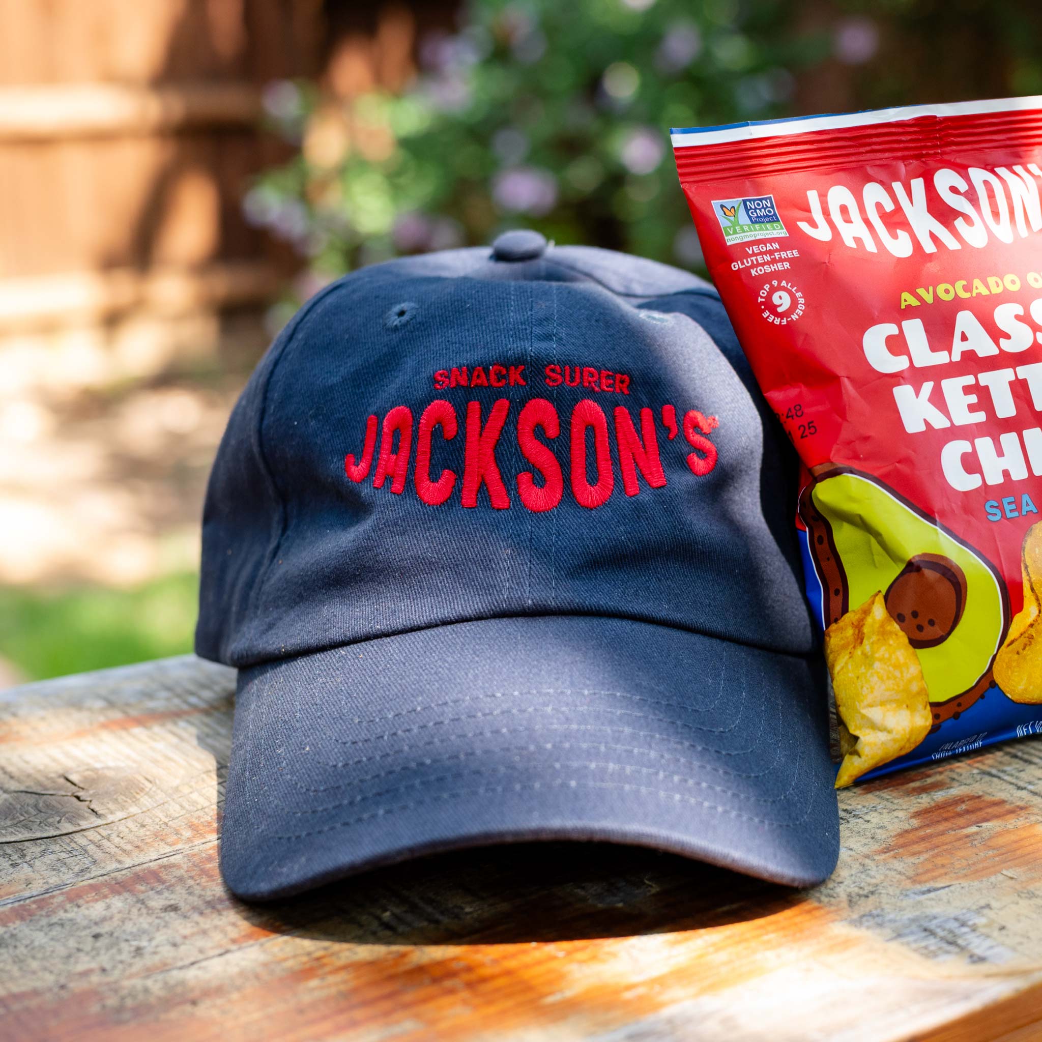 Jackson's Snack Super Ball Cap Hat. Navy Blue with Red stitching.