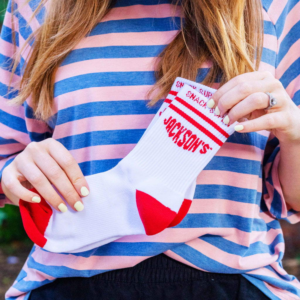 Jackson's Snack Super Crew Socks and White and Red. Ankle crew socks.