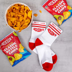 Jackson's Snack Super Crew Socks and White and Red. Ankle crew socks. Jackson's potato chips and sweet potato chips.