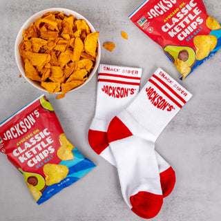 Jackson's Snack Super Crew Socks and White and Red. Ankle crew socks. Jackson's potato chips and sweet potato chips.