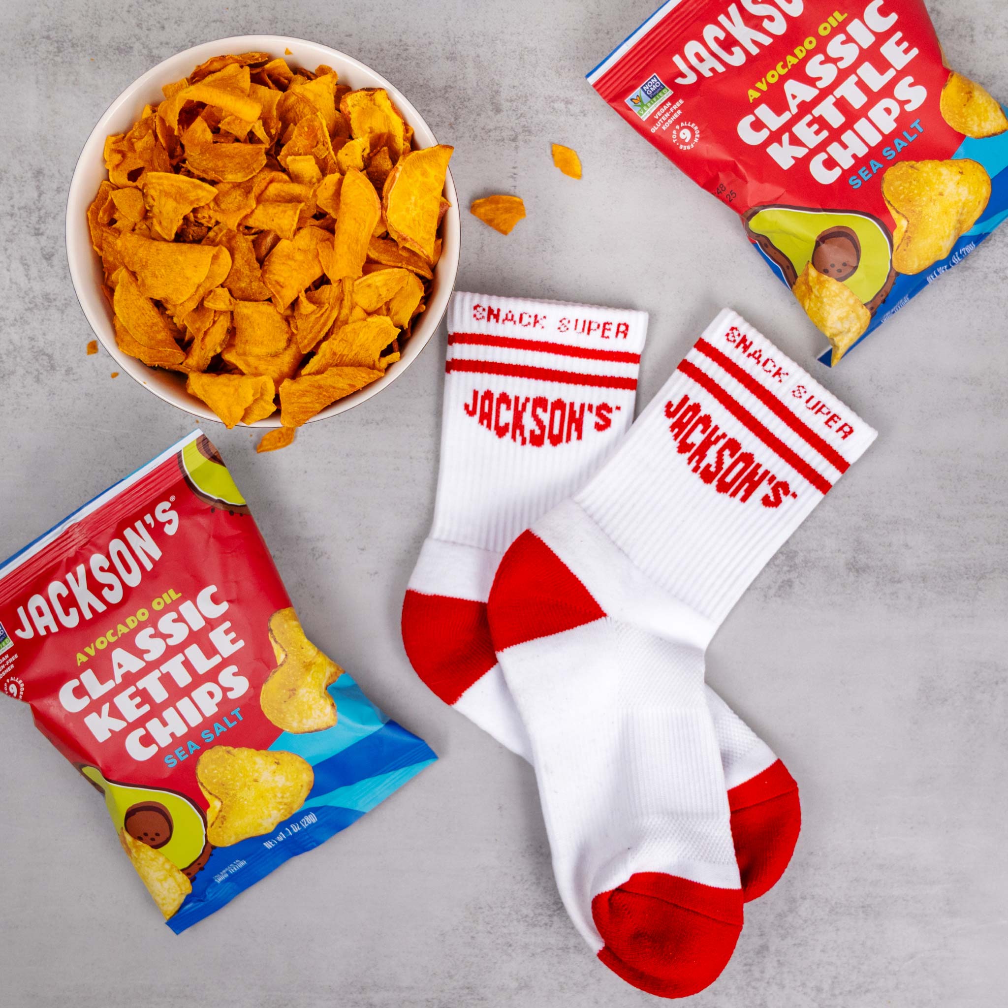 Jackson's Snack Super Crew Socks and White and Red. Ankle crew socks. Jackson's potato chips and sweet potato chips.