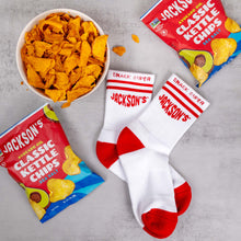 Load image into Gallery viewer, Jackson&#39;s Snack Super Crew Socks and White and Red. Ankle crew socks. Jackson&#39;s potato chips and sweet potato chips.
