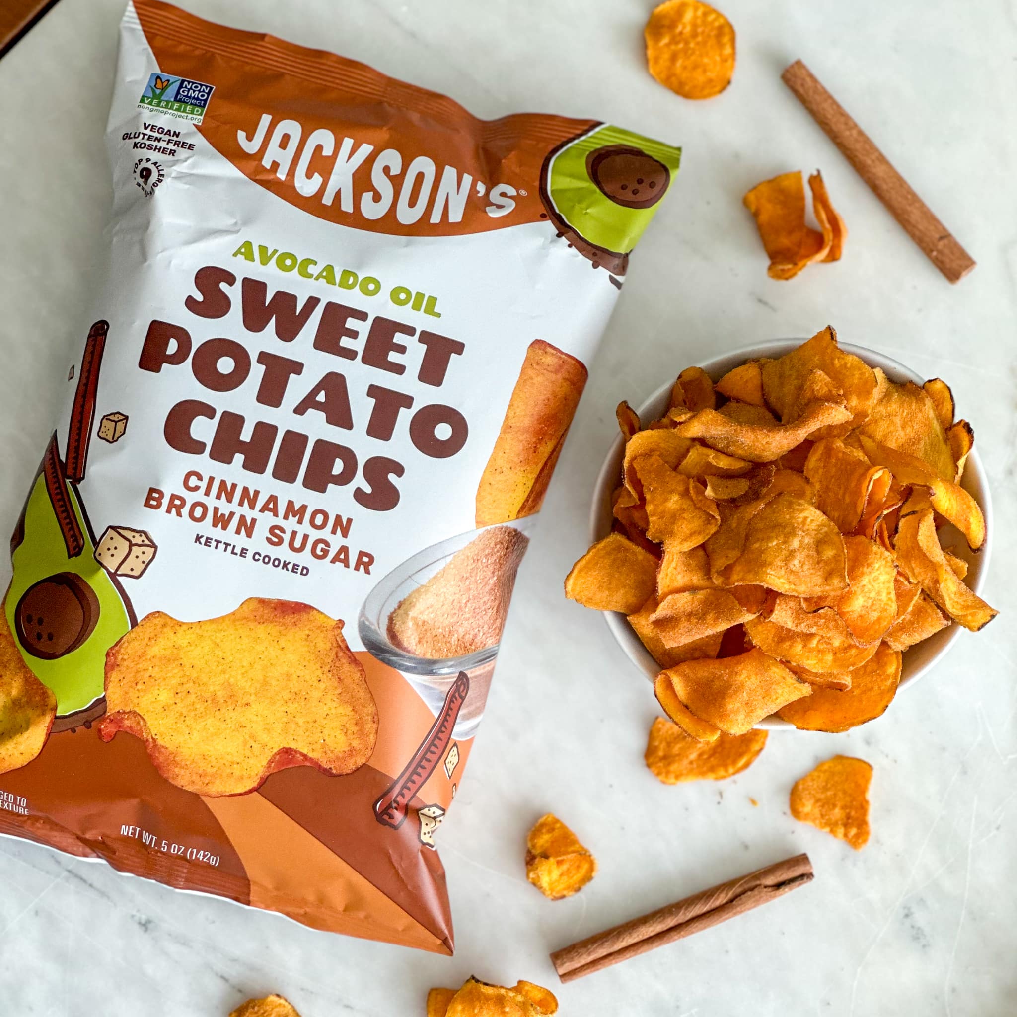 Jackson's Cinnamon Brown Sugar Chips Kettle Cooked in Avocado Oil, sweet potatoes chips in a bowl.