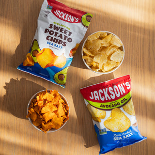 Jackson's Sweet Potato Chips and Kettle Chips variety pack, cooked in avocado oil, gluten free, vegan, sea salt chips.