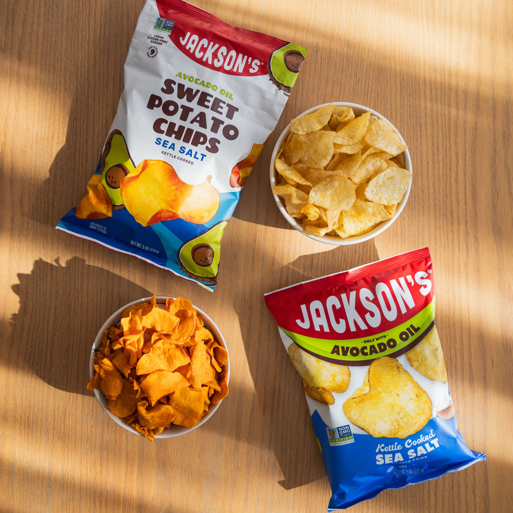Jackson's Sweet Potato Chips and Kettle Chips variety pack, cooked in avocado oil, gluten free, vegan, sea salt chips.