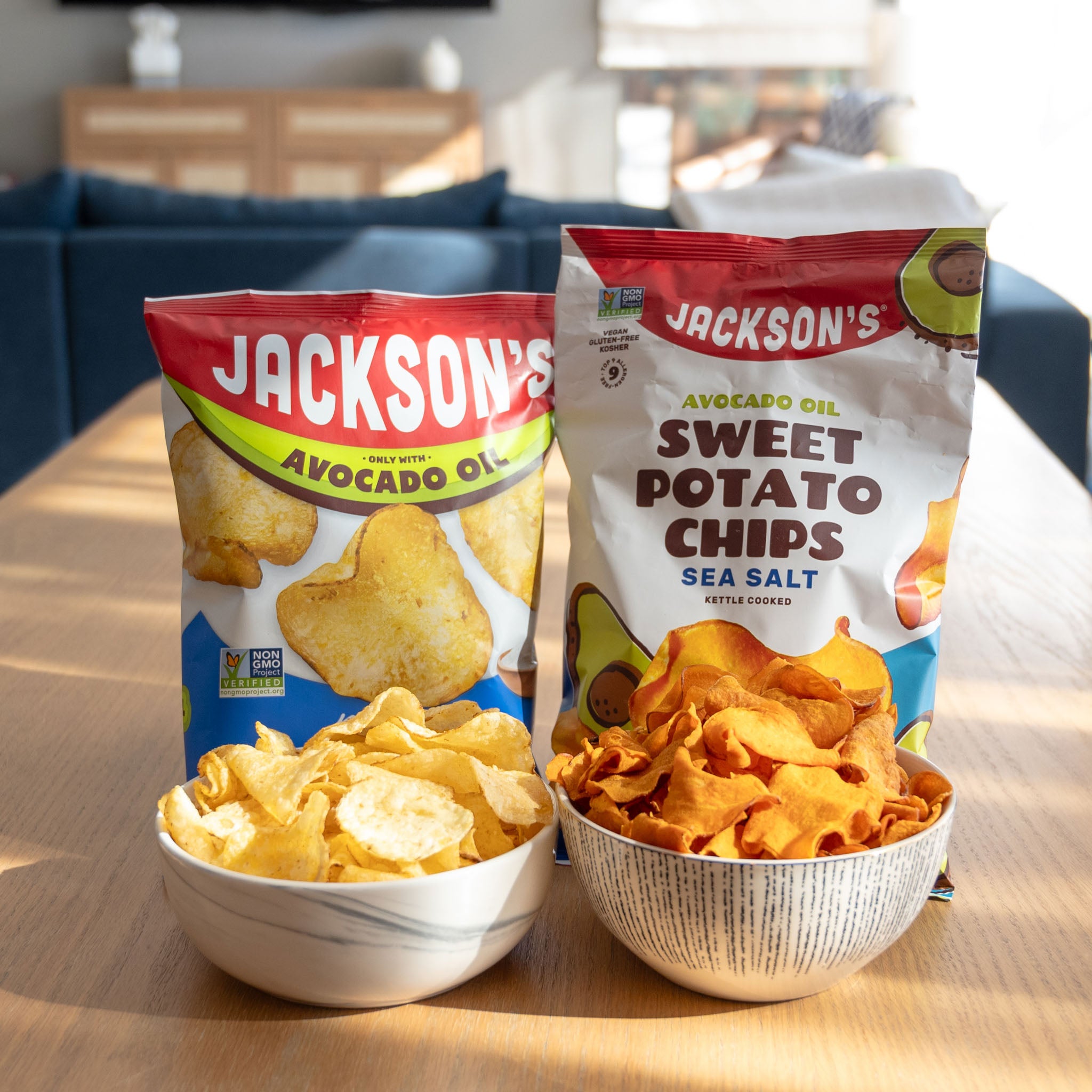 Jackson's Sweet Potato Chips and Kettle Chips variety pack, cooked in avocado oil, gluten free, vegan, sea salt chips.
