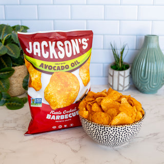 Jackson's Kettle Cooked Barbecue Chips cooked in avocado oil, gluten free, seed oil free, vegan.