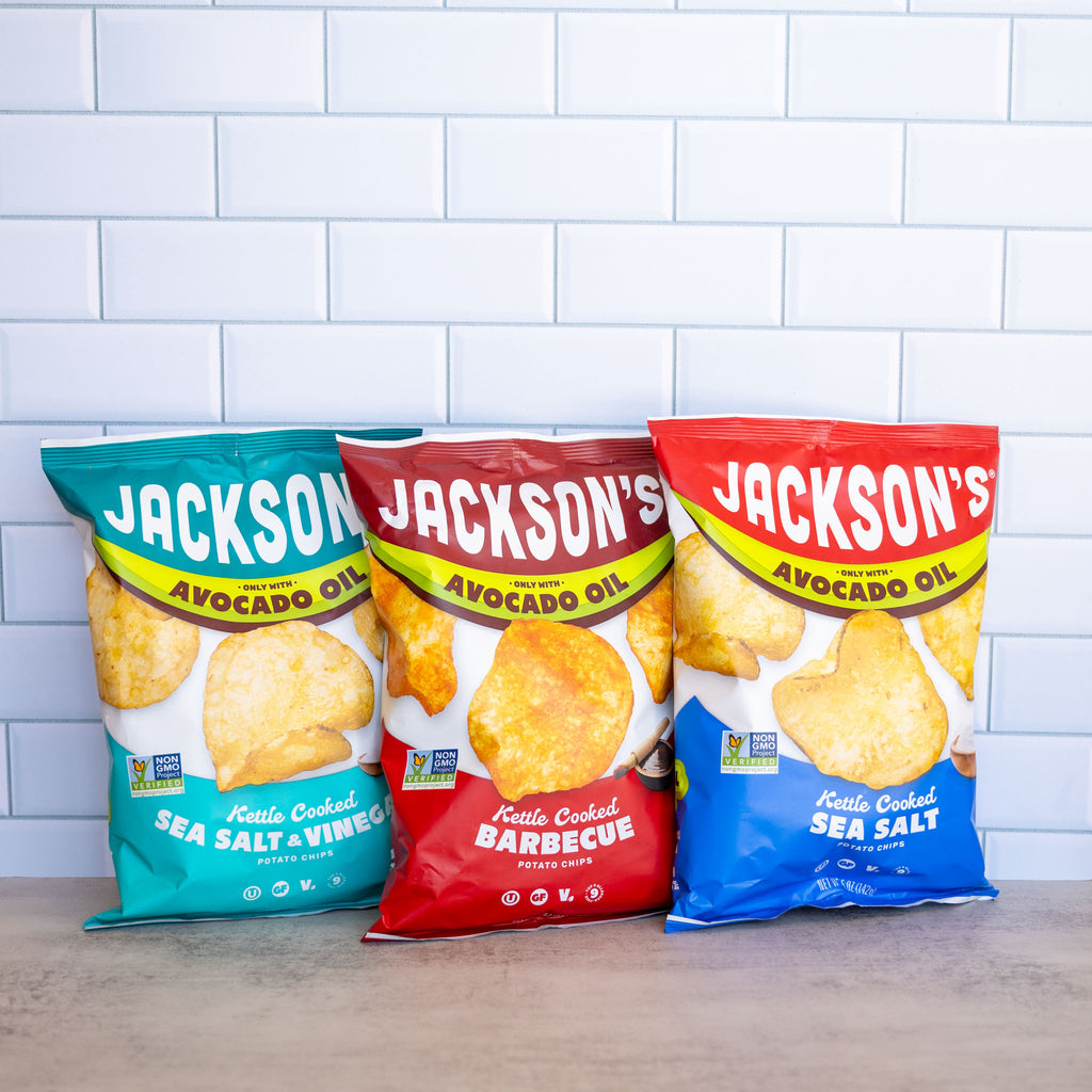Jackson's Kettle Cooked Chips cooked in avocado oil, gluten free, seed oil free, vegan. Kettle Variety Pack - sea salt, sea salt & vinegar, and barbecue