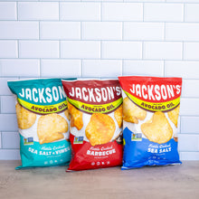 Load image into Gallery viewer, Jackson&#39;s Kettle Cooked Chips cooked in avocado oil, gluten free, seed oil free, vegan. Kettle Variety Pack - sea salt, sea salt &amp; vinegar, and barbecue
