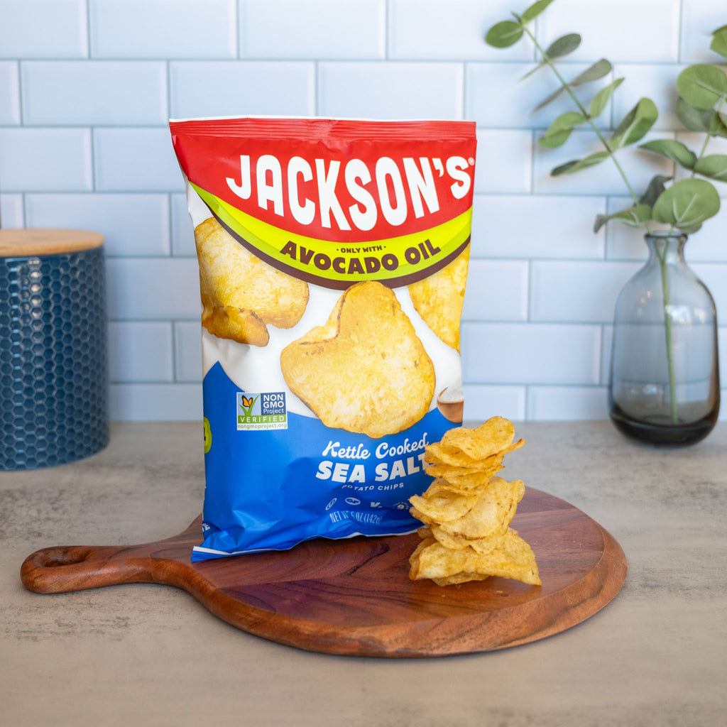 Jackson's Kettle Cooked sea salt Chips cooked in avocado oil, gluten free, seed oil free, vegan.