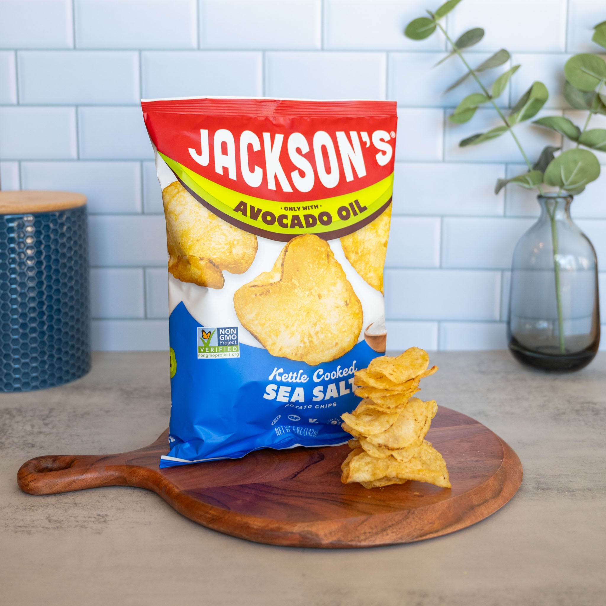 Jackson's Kettle Cooked sea salt Chips cooked in avocado oil, gluten free, seed oil free, vegan.
