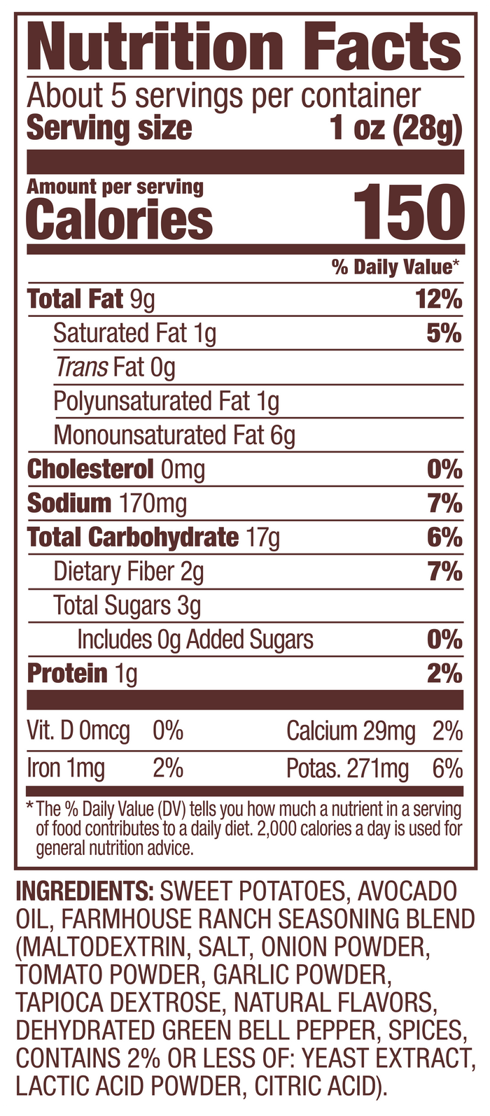 Farmhouse Ranch Jackson's Sweet Potato Chips nutrition label